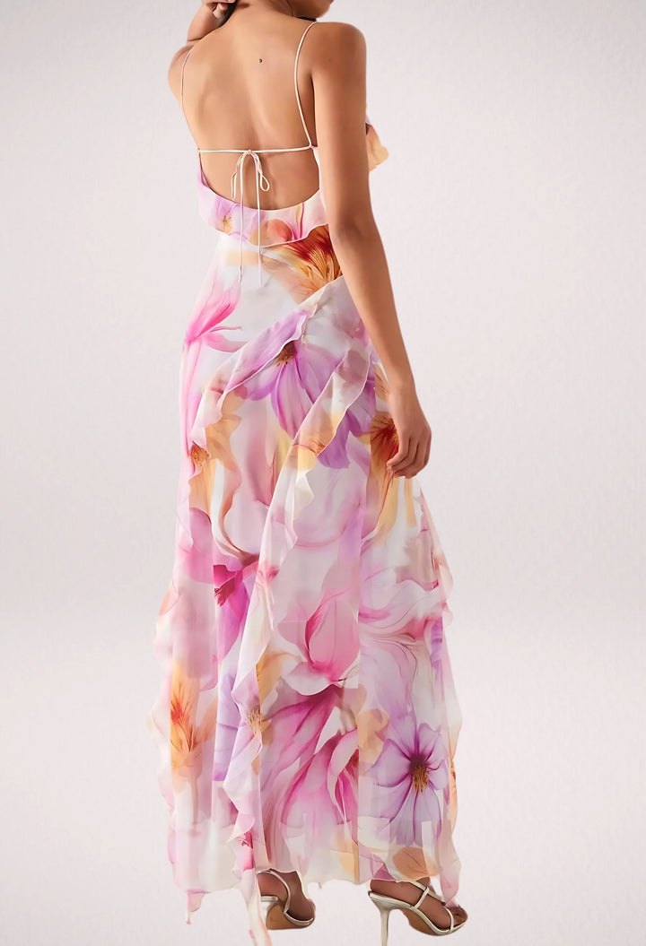 "Sleeveless floral maxi dress by Viktoria with ruffle trim, perfect for a casual chic look."