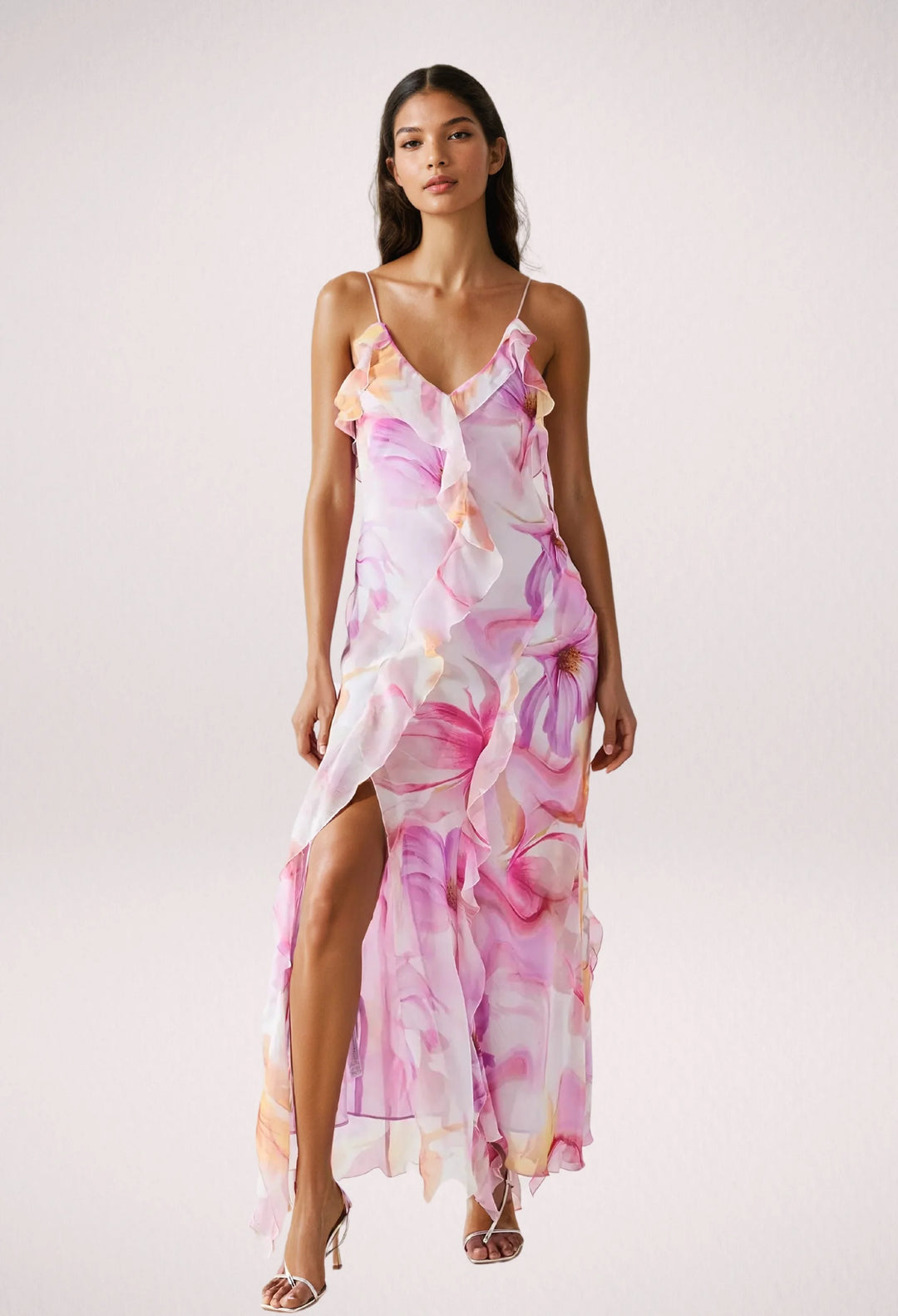 "Sleeveless floral maxi dress by Viktoria with ruffle trim, perfect for a summer day out. Made of lightweight and flowy…