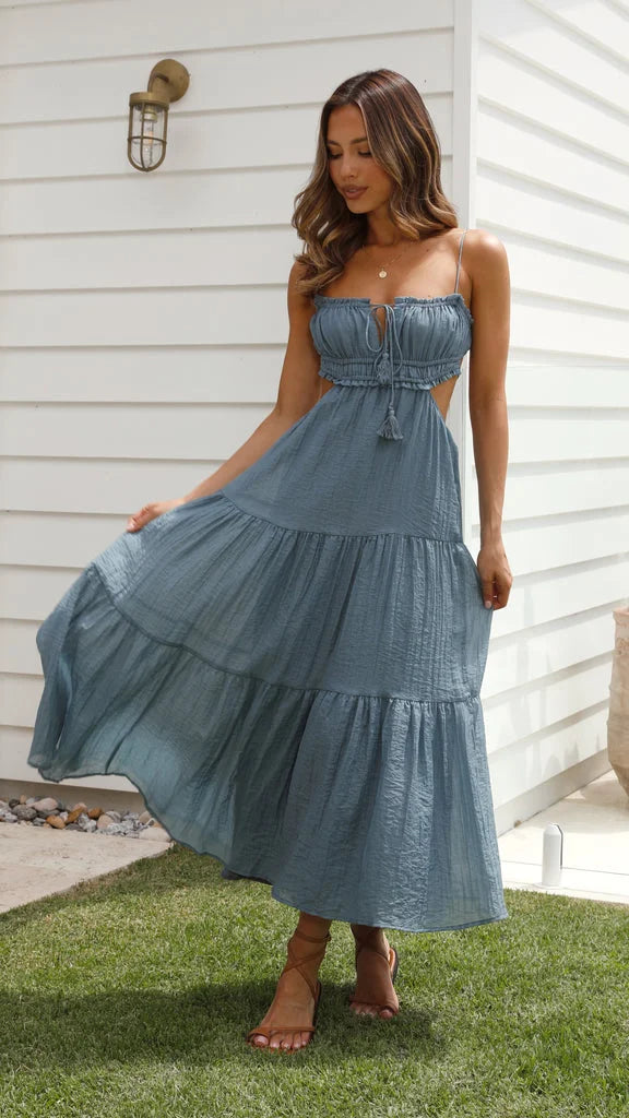"Sami women's tiered drawstring maxi dress in soft, breathable fabric with a relaxed fit and stylish tiered design"