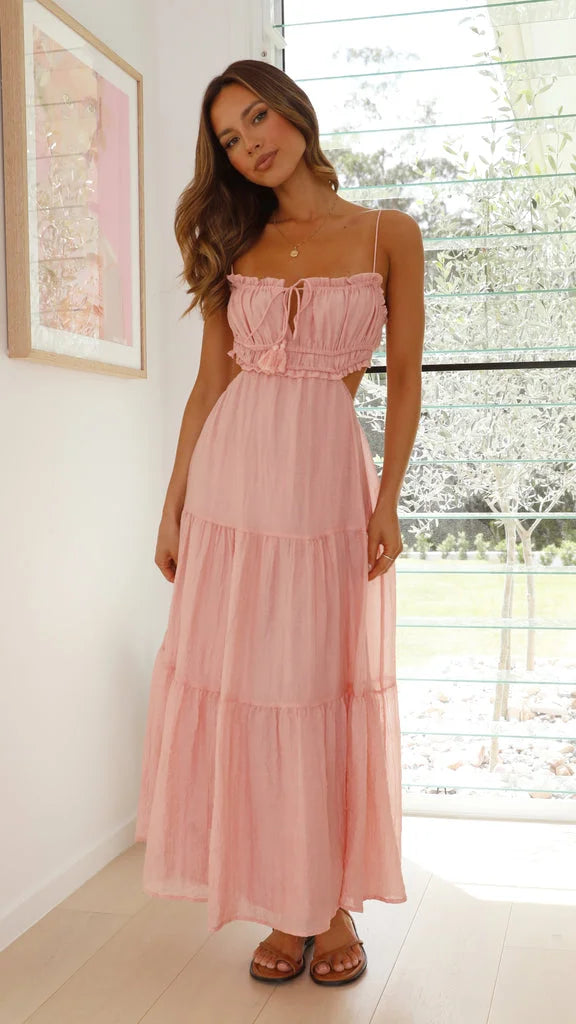 "Sami maxi dress for women in tiered design with drawstring waist, made of lightweight flowy fabric in a solid color."
