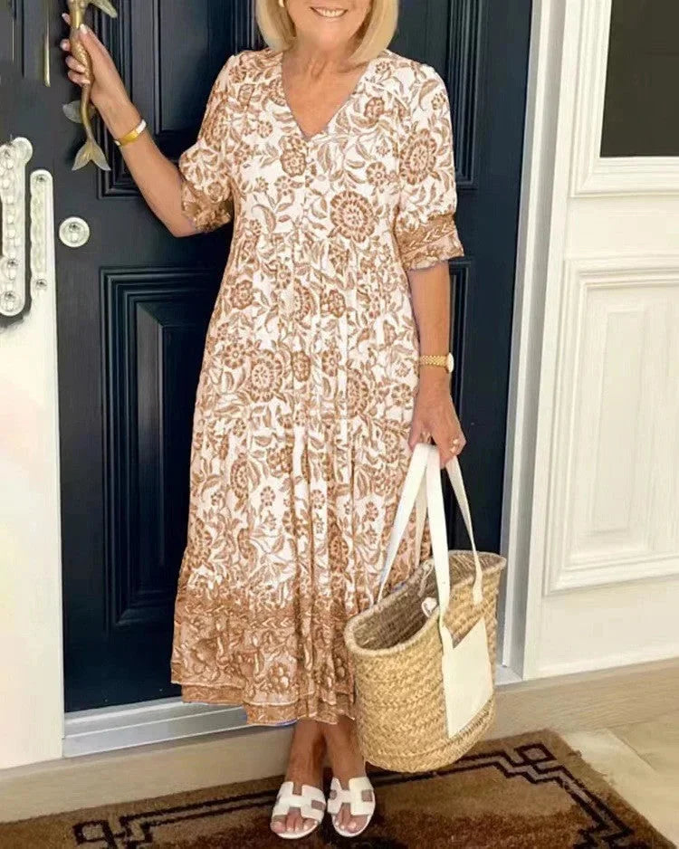 "Aylla V-neck dress with tapered sleeves in soft crepe fabric, featuring a flattering silhouette for everyday elegance."