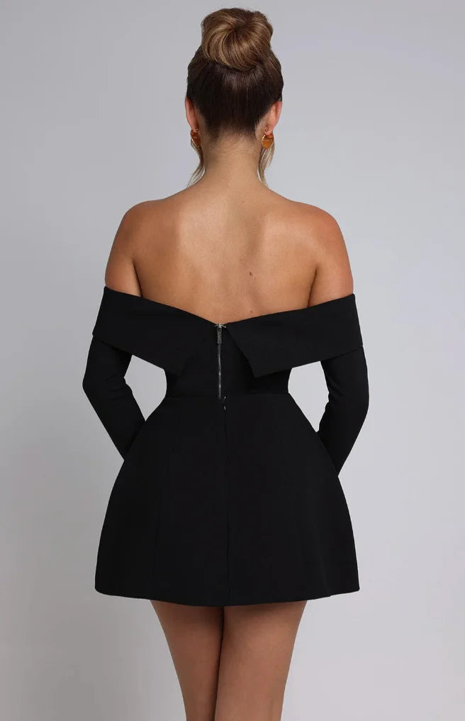 "Liz off-shoulder skater dress with long sleeves in soft, breathable fabric. Flattering fit and elegant design for…