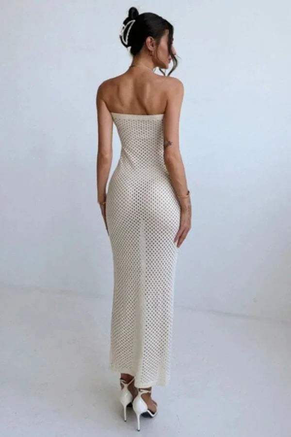 "Strapless cream crochet maxi dress with intricate lace details and flowing silhouette by Kaleigh"