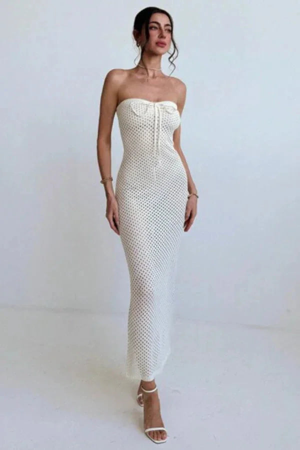 "Kaleigh strapless cream crochet maxi dress with intricate crochet design and elegant strapless silhouette."