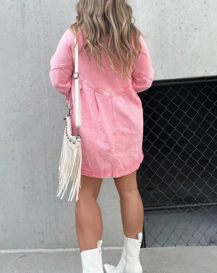 Vivia - Mini shirt dress with button closure in soft cotton fabric. Features collar, short sleeves, and relaxed fit.