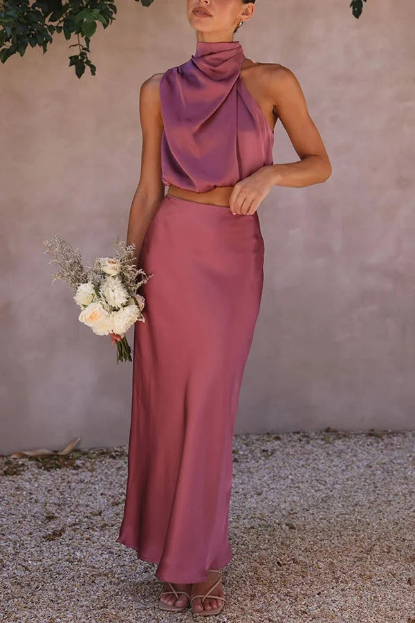 Satin skirt and top set with flowing design in Viola collection.