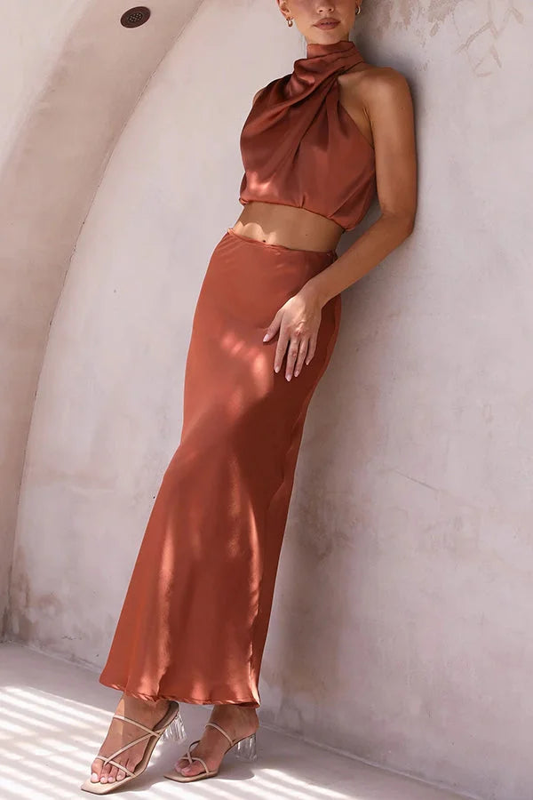 Satin skirt and top set by Viola, featuring a flowing design in lush satin fabric, perfect for elegant occasions.