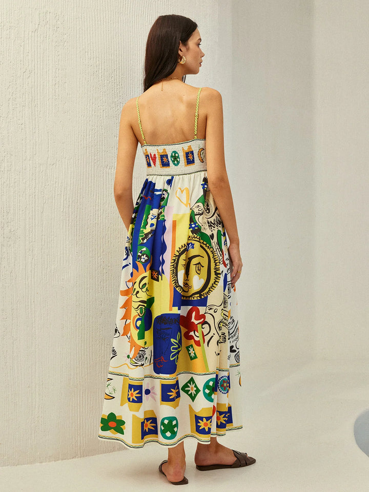 "Catarina midi dress in colorful print with cami straps, ideal for a fun and trendy outfit, made of lightweight and breathable…
