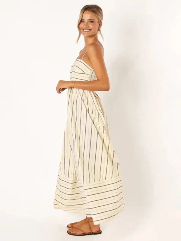 "Easton striped maxi sundress with thin straps, airy fabric, perfect for summer outings"