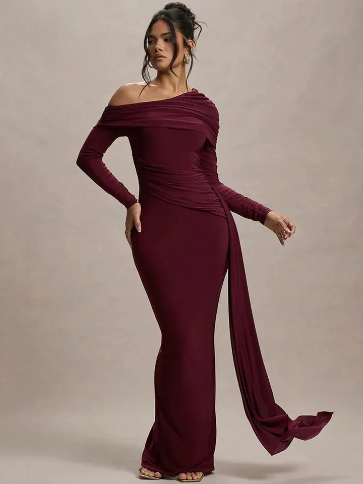 Off-shoulder draped Shelby top in rich velvet fabric with elegant detailing, highlighting a sophisticated and chic style.