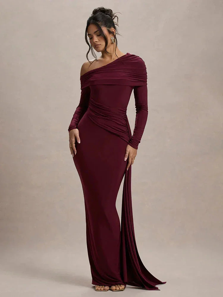 "Burgundy off-shoulder dress with elegant draped design in rich Shelby color"