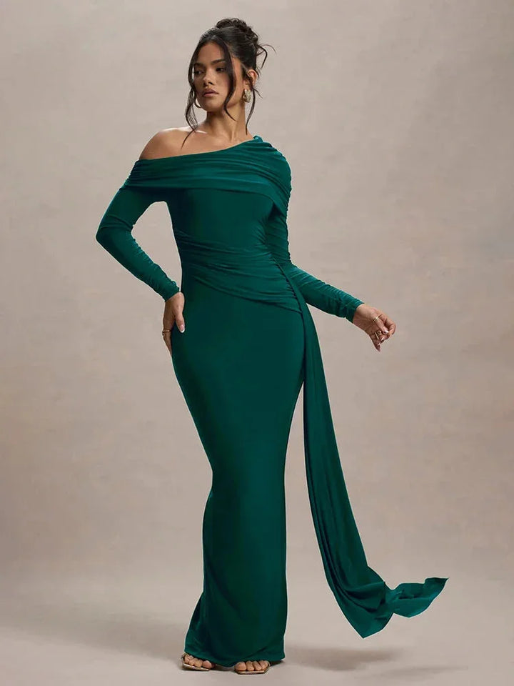 Green off-shoulder draped top with unique Shelby detailing, perfect for an elegant look.