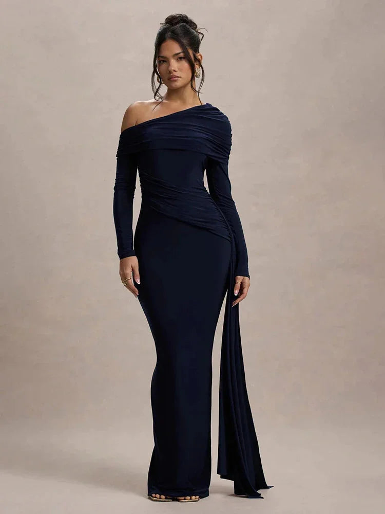 Navy Blue off-shoulder Shelby top with elegant draped design, showcasing a sleek and stylish look.