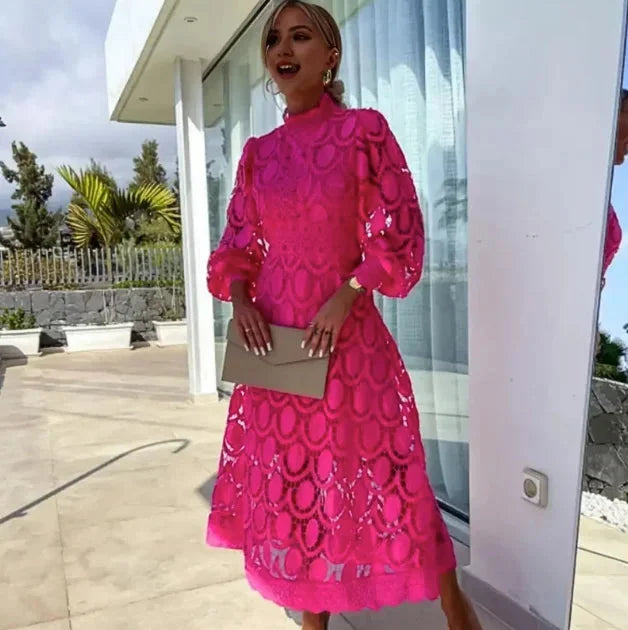 Pink lace midi dress with full sleeves, crafted in elegant Adelynne hue. Feminine and stylish, perfect for formal occasions.