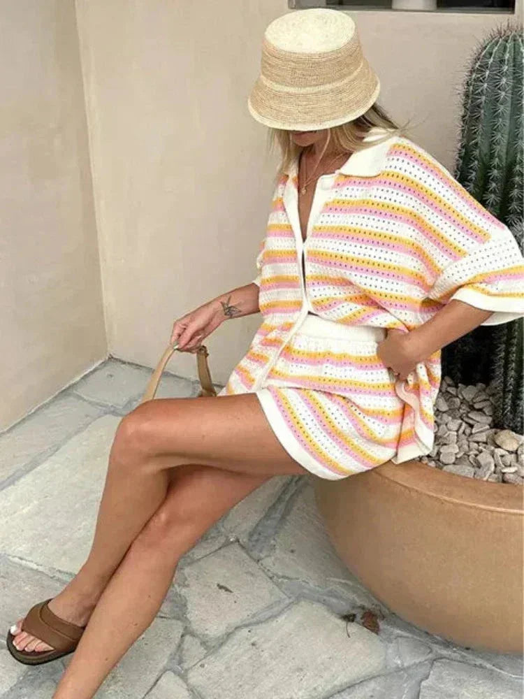 "Striped tie-front shirt and shorts set in a casual and stylish design made from lightweight breathable fabric, perfect for…