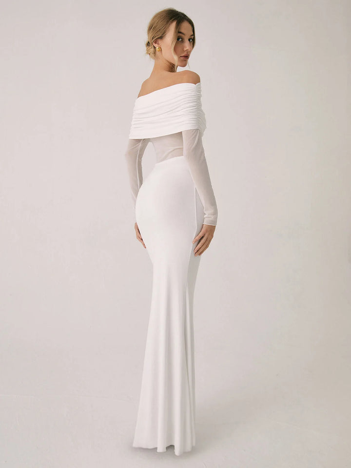 Off-shoulder mesh sleeve dress with a fitted silhouette, perfect for elegant evenings out or special occasions.