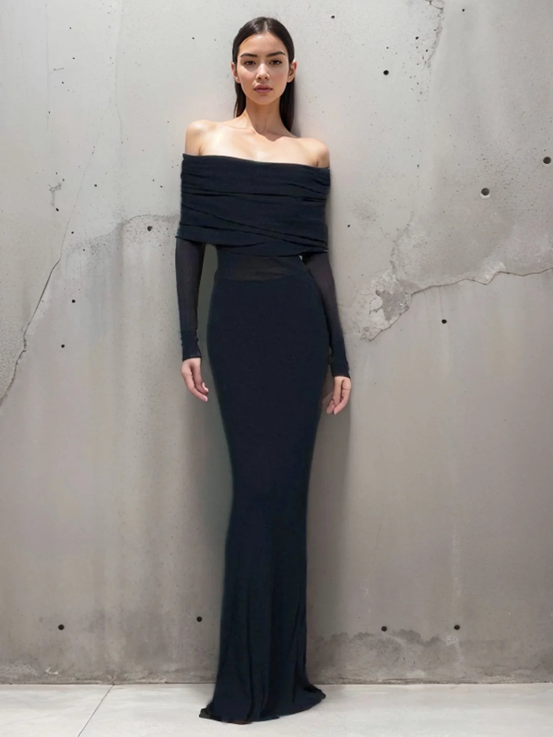 Off-shoulder black dress with sheer mesh sleeves, fitted silhouette, perfect for evening wear or special occasions.