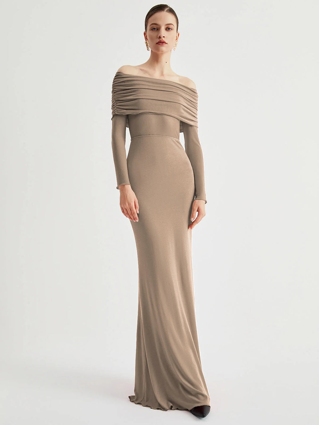 Khaki off-shoulder fitted dress with mesh sleeves, perfect for a chic and stylish look.