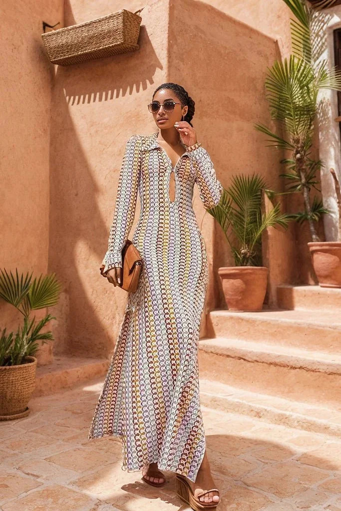 "Diana long sleeve maxi dress in Rainbow color with multicolor design, made of soft flowing fabric perfect for everyday…