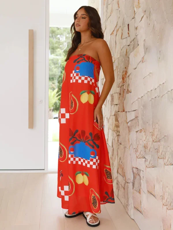 Laina strapless maxi dress with colorful prints, featuring a flowing design perfect for summer days.