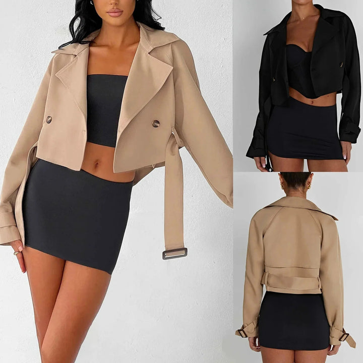 "Dark grey 3/4 length trench coat with belted waist and cropped design, made from lightweight cotton blend fabric."
