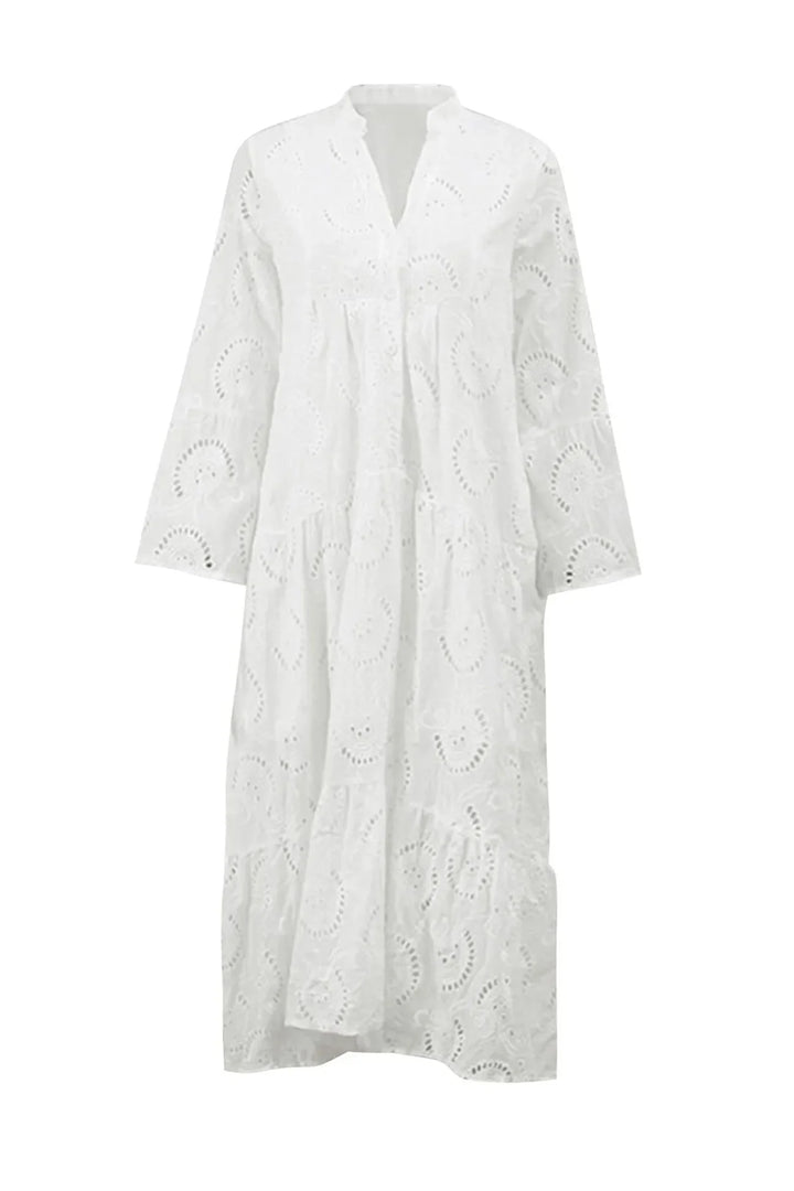 "Jaci women's eyelet lace dress in breathable fabric, perfect for summer days with detailed lace design."