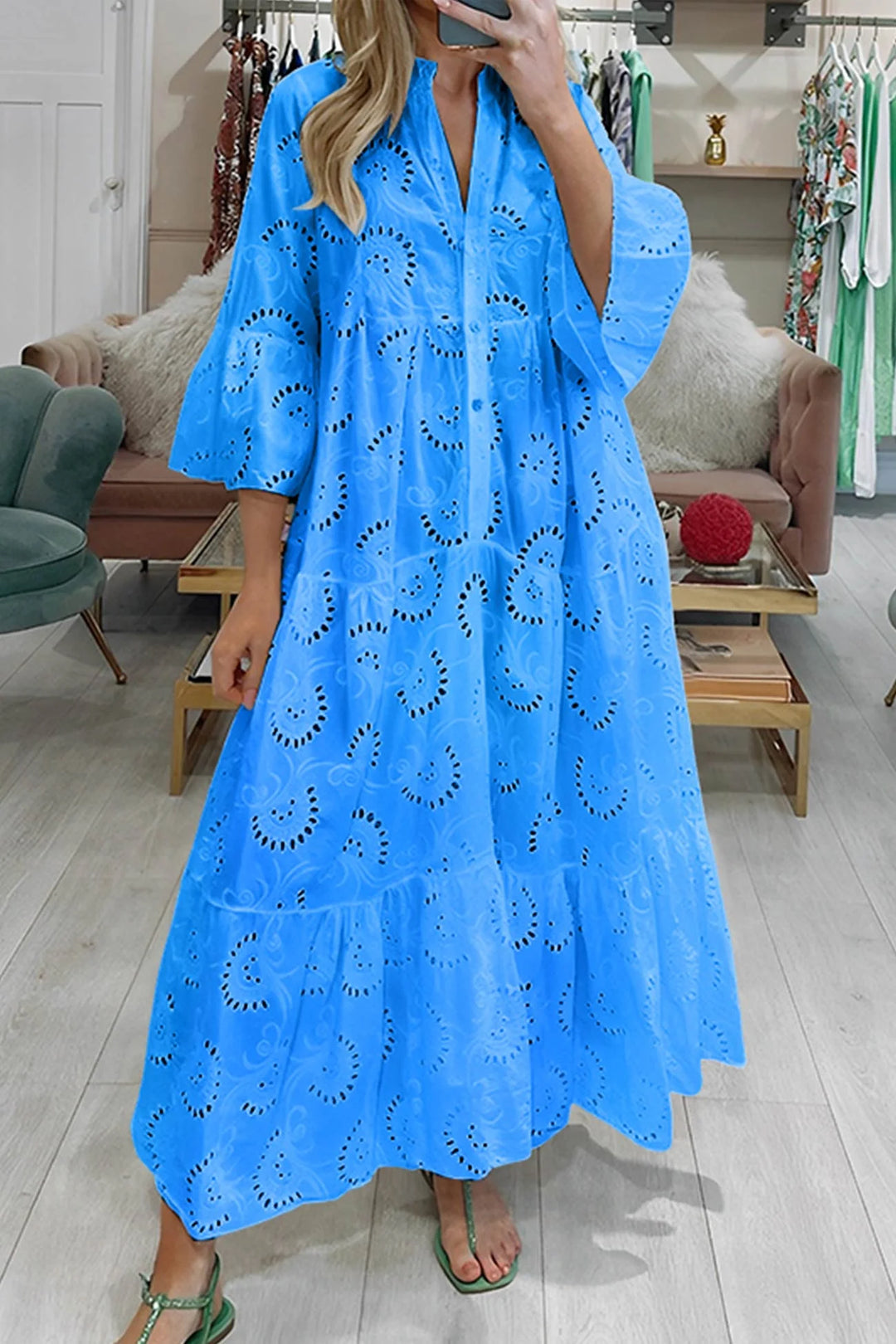 "Blue eyelet lace dress by Jaci for women, made of breathable fabric with intricate detailing."