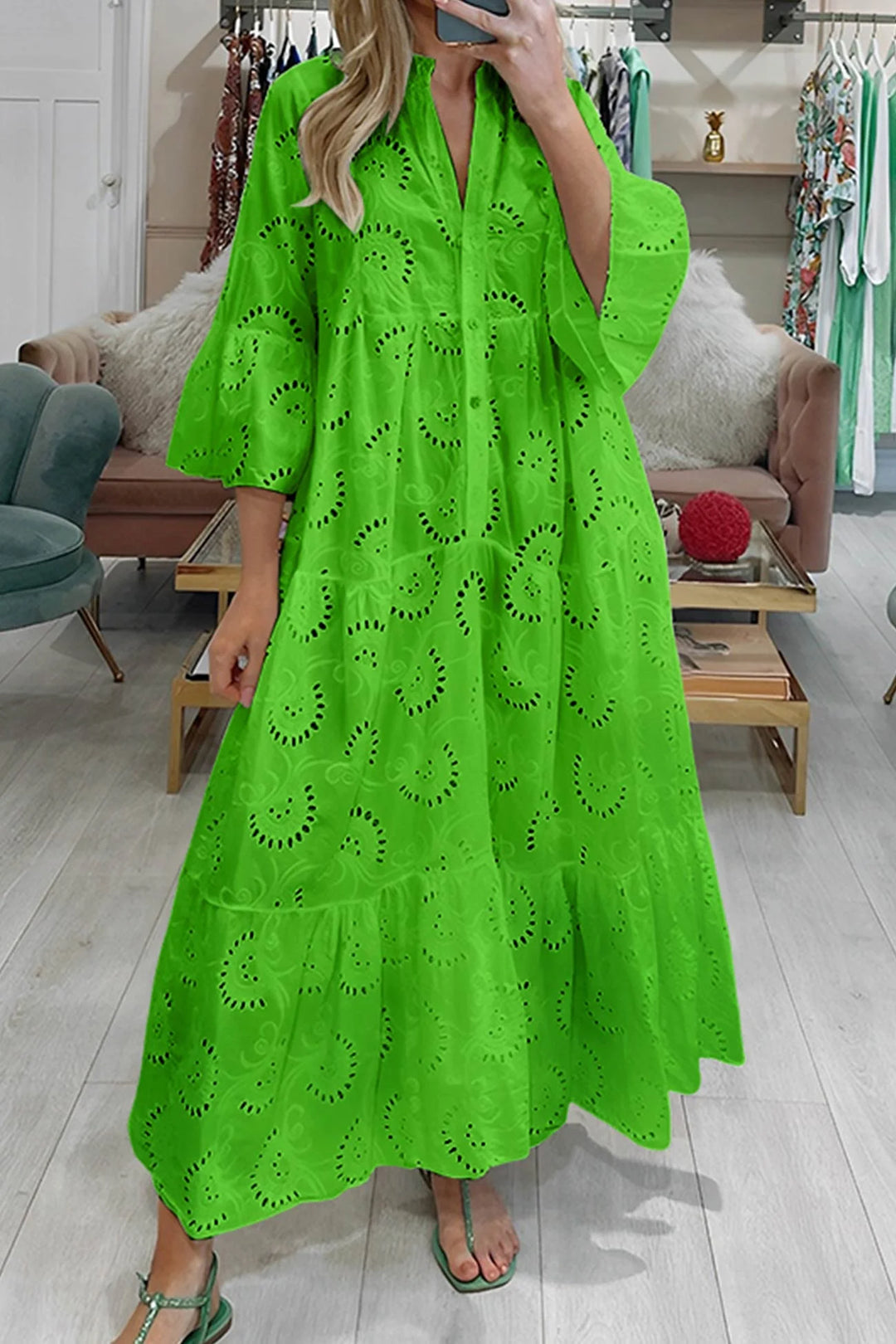 "Green eyelet lace dress for women, featuring breathable and stylish design."