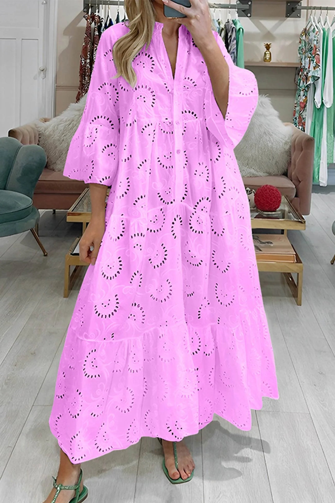 Light Pink eyelet lace dress for women by Jaci. Featuring breathable fabric and delicate lace design.