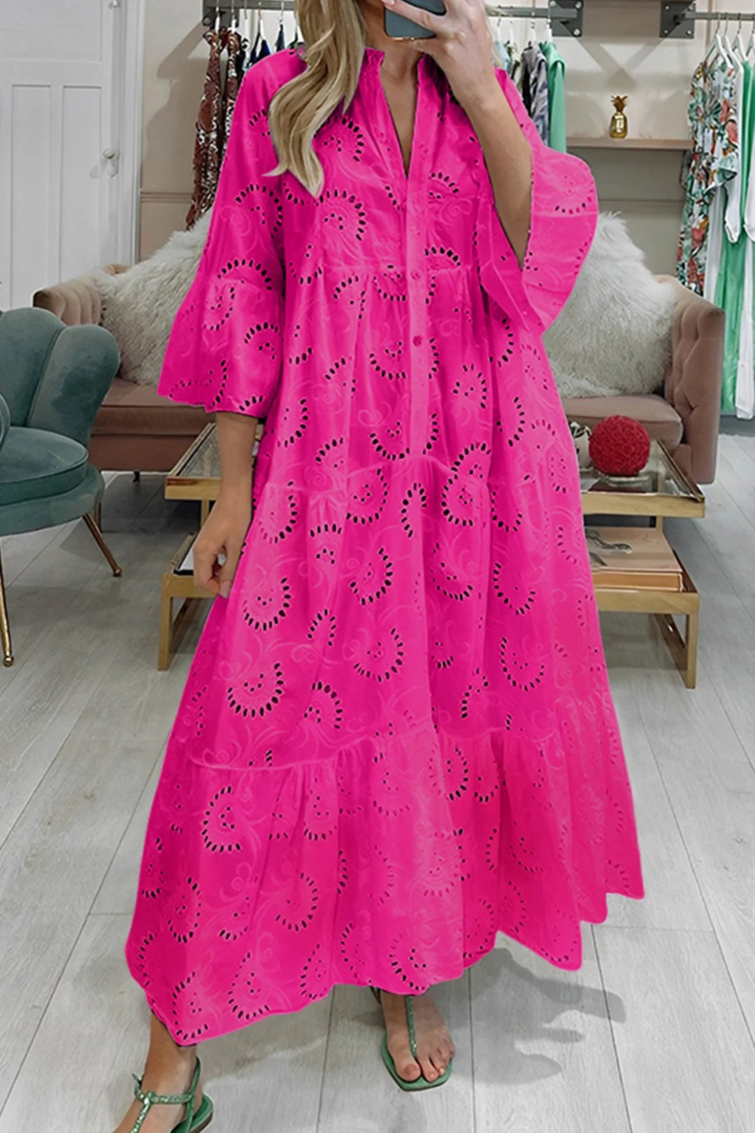 Pink eyelet lace dress for women from Jaci, featuring breathable fabric ideal for warm weather with intricate lace design.