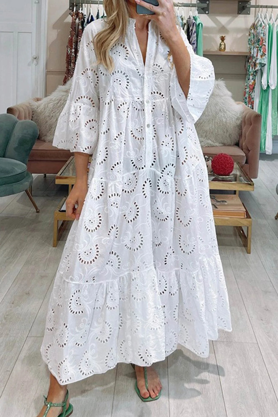 White eyelet lace dress for women by Jaci. Features a breathable and lightweight design perfect for a casual summer outfit.