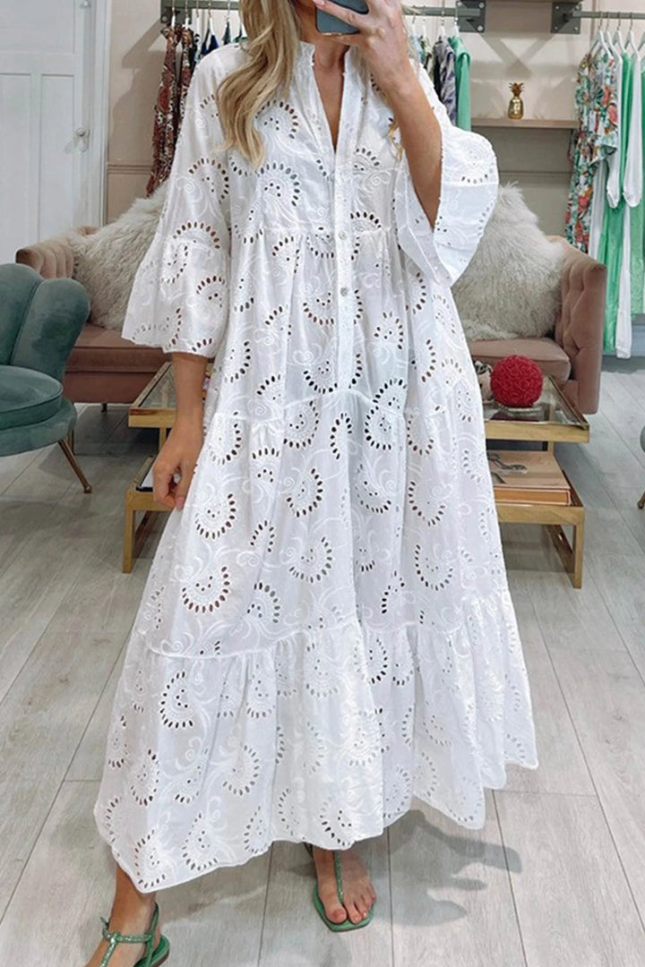 White eyelet lace dress for women by Jaci. Features a breathable and lightweight design perfect for a casual summer outfit.
