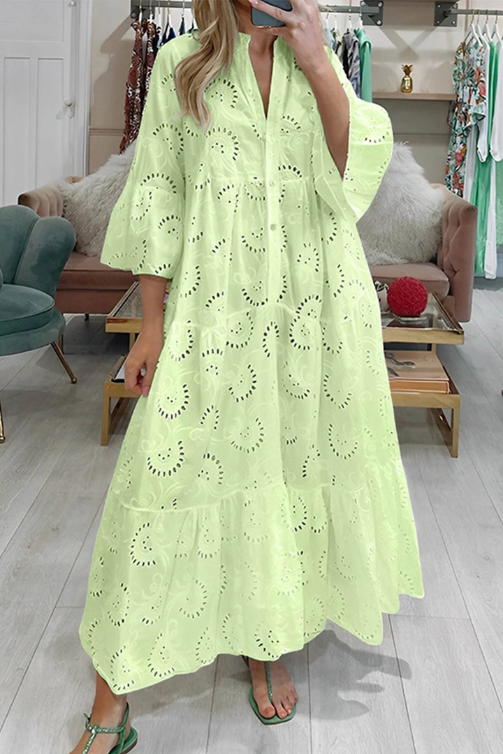 Yellow eyelet lace dress for women by Jaci, featuring breathable fabric with intricate lace detailing.