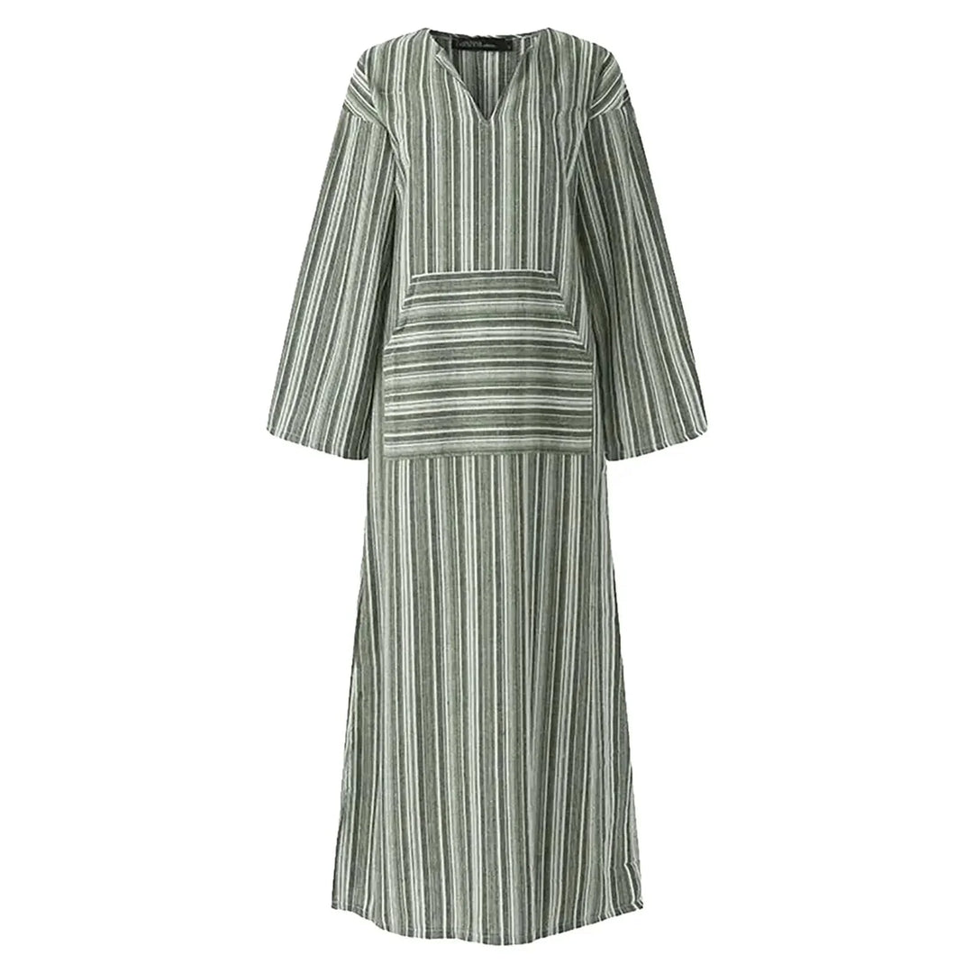 Macy Striped V-neck maxi dress with pockets, made of soft cotton, featuring a colorful striped pattern and convenient…