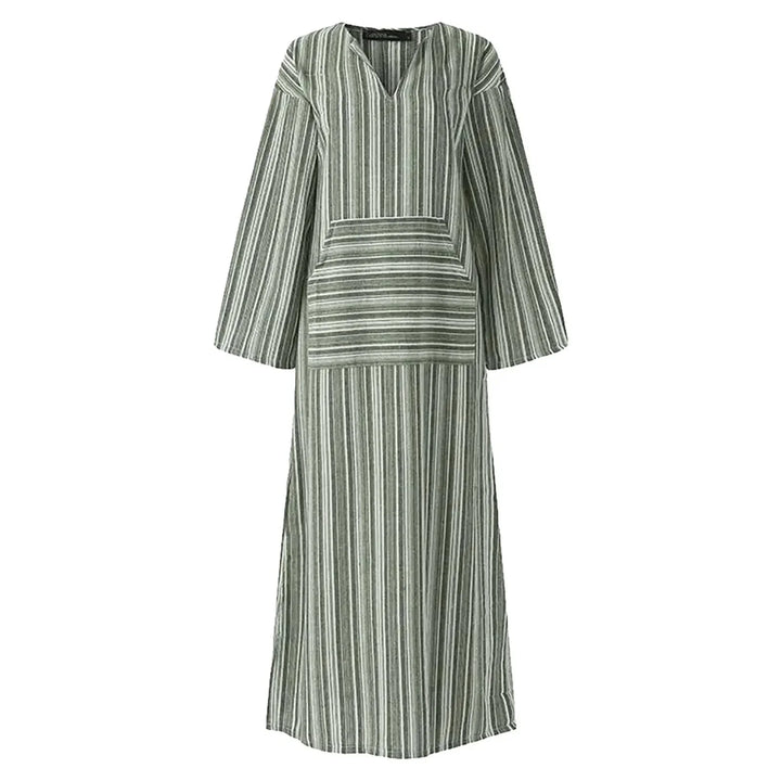 Macy Striped V-neck maxi dress with pockets, made of soft cotton, featuring a colorful striped pattern and convenient…