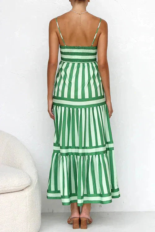 "Adaly tiered maxi dress with strappy top, made of flowy fabric, perfect for a boho chic look."