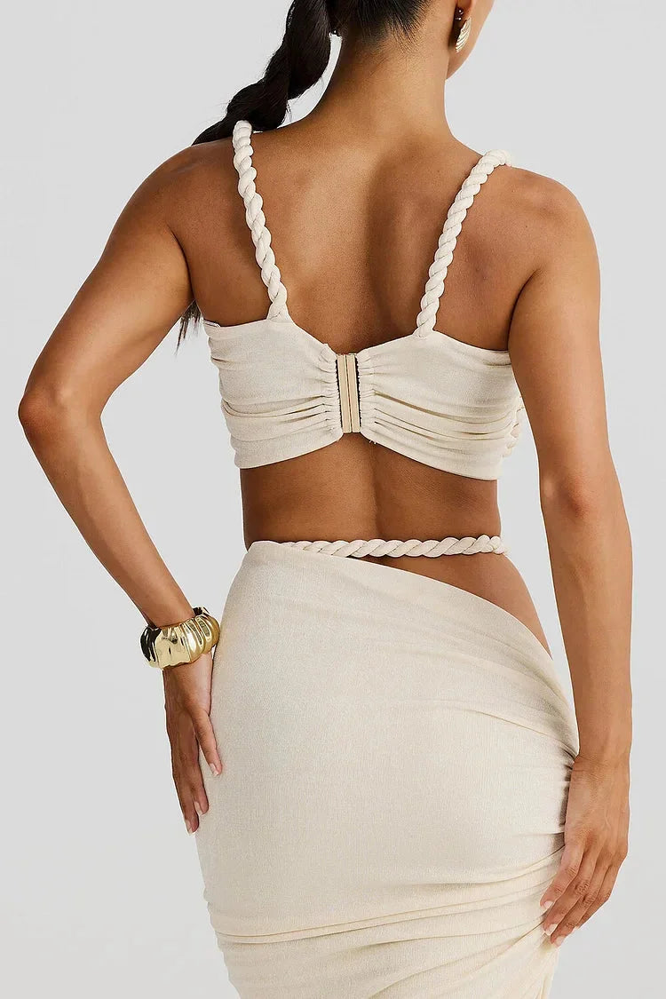 Cream maxi skirt with side ruching for women by Torvi. Made from soft, flowy fabric. Elegant design suitable for various…