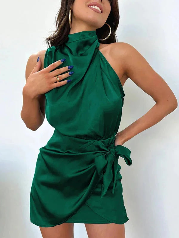 "Lake mini dress with cowl neck in soft silk blend, elegantly draped design in rich burgundy color."