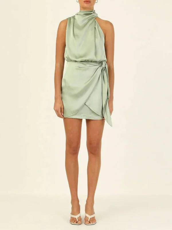 "Lake mini dress featuring a cowl neck, perfect for a stylish and sophisticated look."