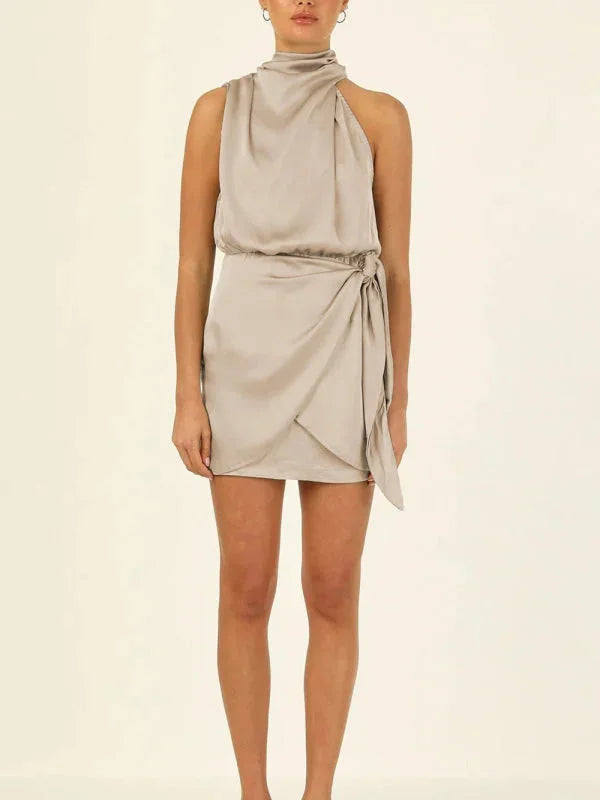 Lake mini dress in black, featuring a stunning cowl neck design, perfect for evening wear or special occasions.