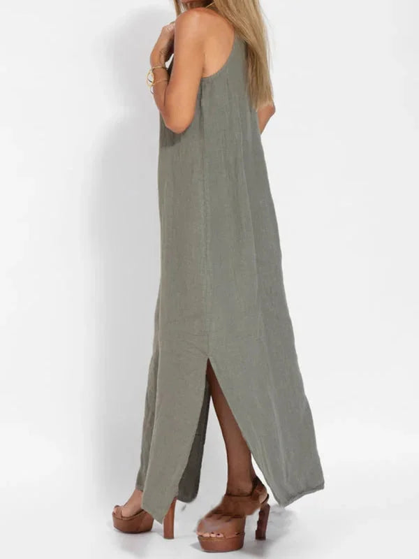 "Reece sleeveless maxi dress in purple with a flowing silhouette, perfect for summer. Made from lightweight and breathable…