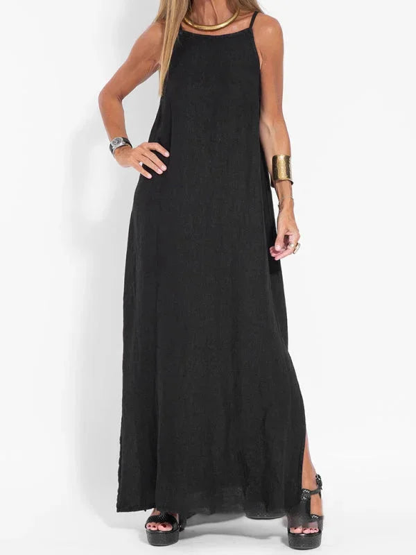 "Reece black sleeveless maxi dress with a loose flowing silhouette, perfect for casual elegance."
