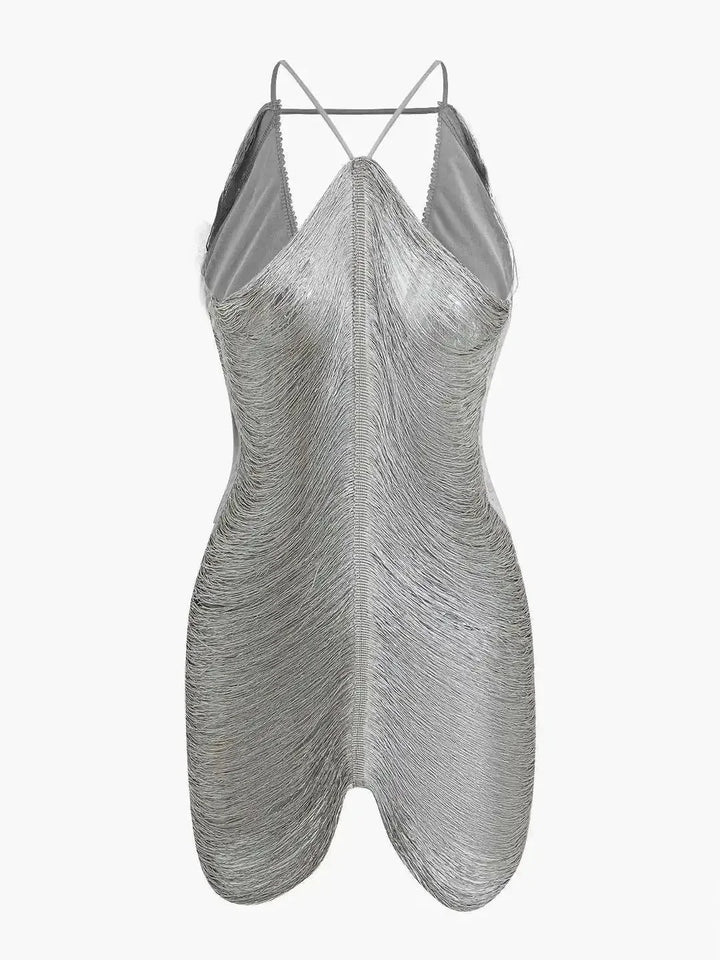 Stormy metallic dress with an edgy asymmetric zip design by Gwyneth, perfect for adding a modern flair to your wardrobe.