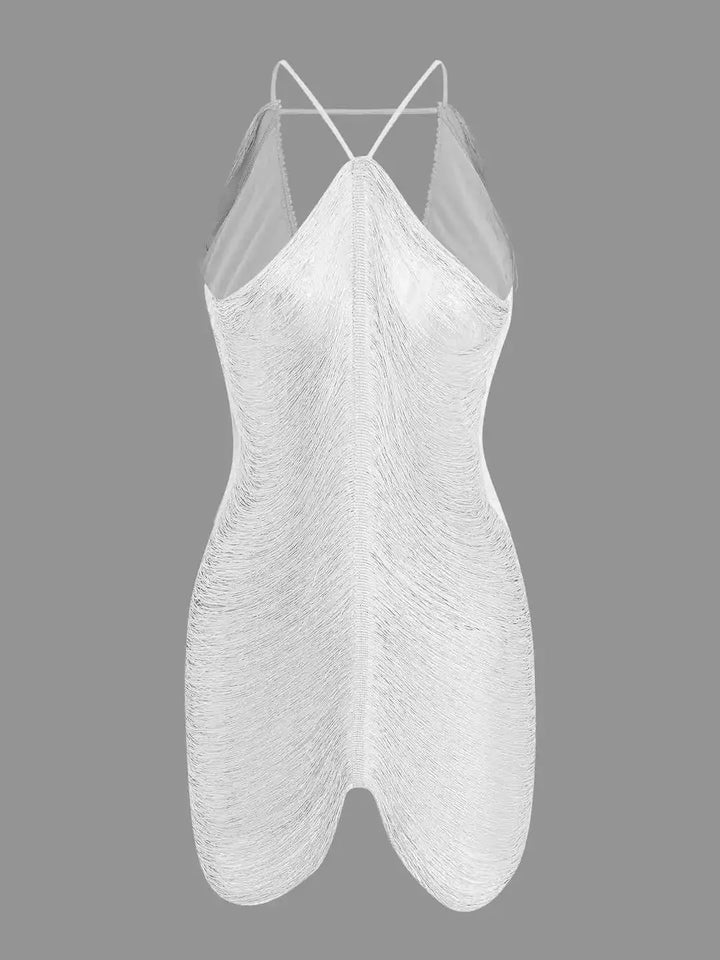 White metallic dress with asymmetrical zipper design by Gwyneth. Made of high-quality materials, perfect for making a…