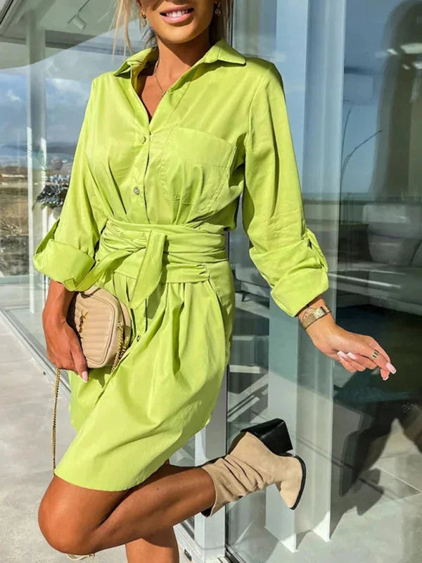 "Kenlee shirt dress in soft cotton blend with adjustable sleeves and belted waist, versatile and stylish for everyday wear."