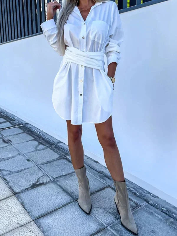 "Kenlee shirt dress in linen blend with belted waist and adjustable sleeves, versatile and functional design for effortless…