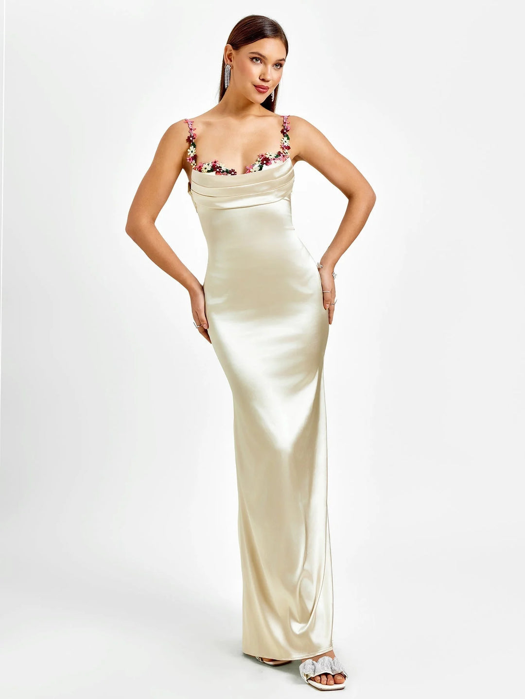 Sleeveless fitted maxi dress in black, adorned with delicate embellishments, perfect for special occasions.
