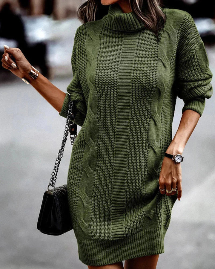 "Gray knit sweater dress with turtleneck, perfect for cozy winter days, casual yet timeless design."