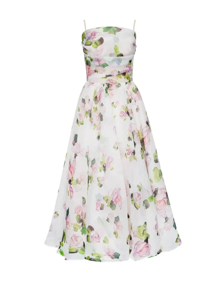 Strapless floral print midi dress with a smocked bodice and flowing silhouette in a breezy lightweight fabric.