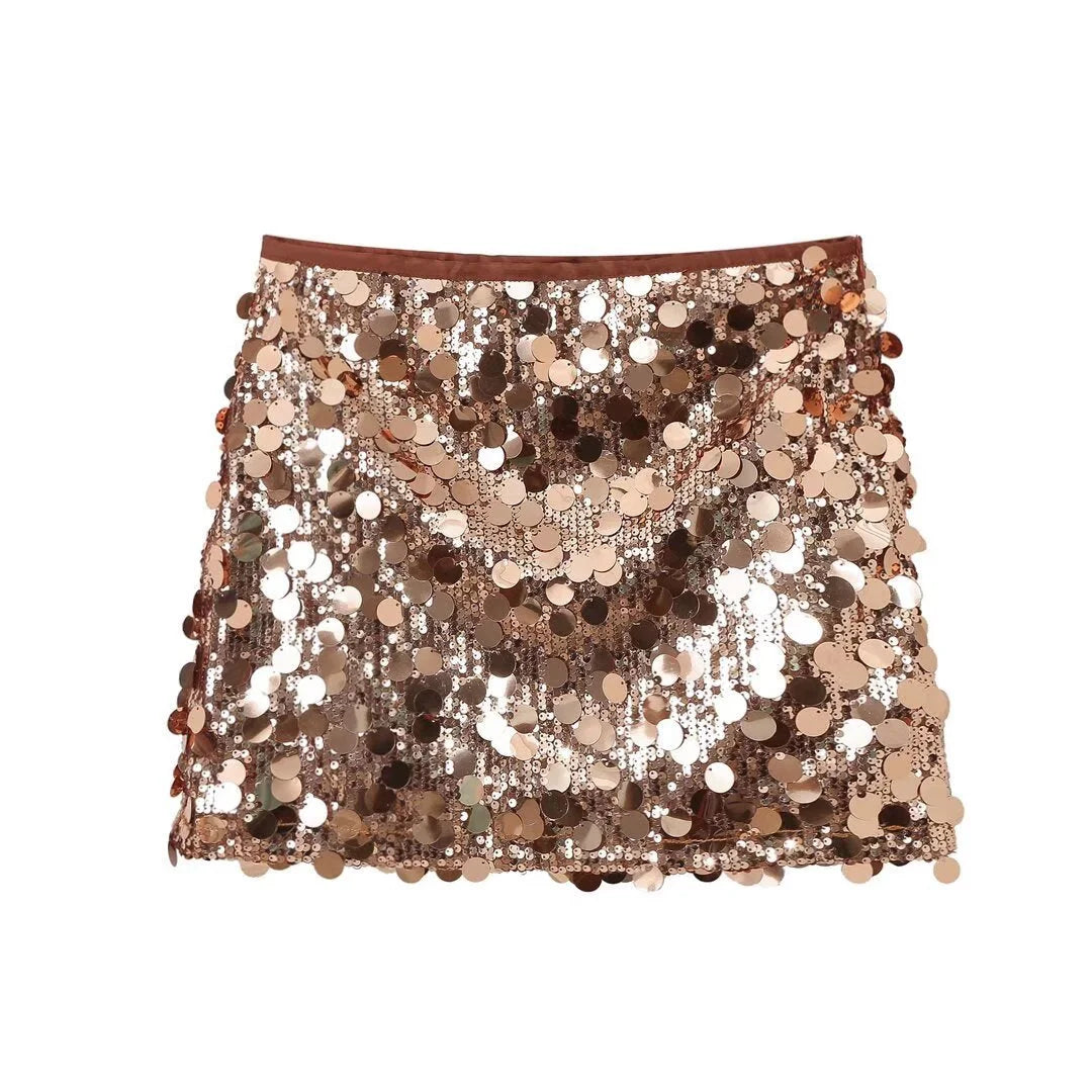 Gold sequin skirt in sleek fit, perfect for adding sparkle to your outfit.